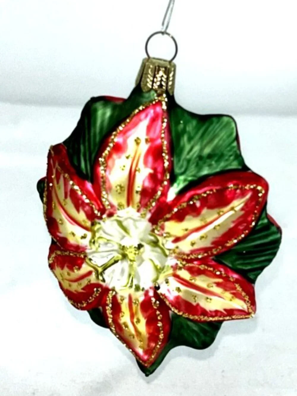 Hawaii Ornament Poinsettia Red Green Blown Glass Handcrafted Double Sided 4.75